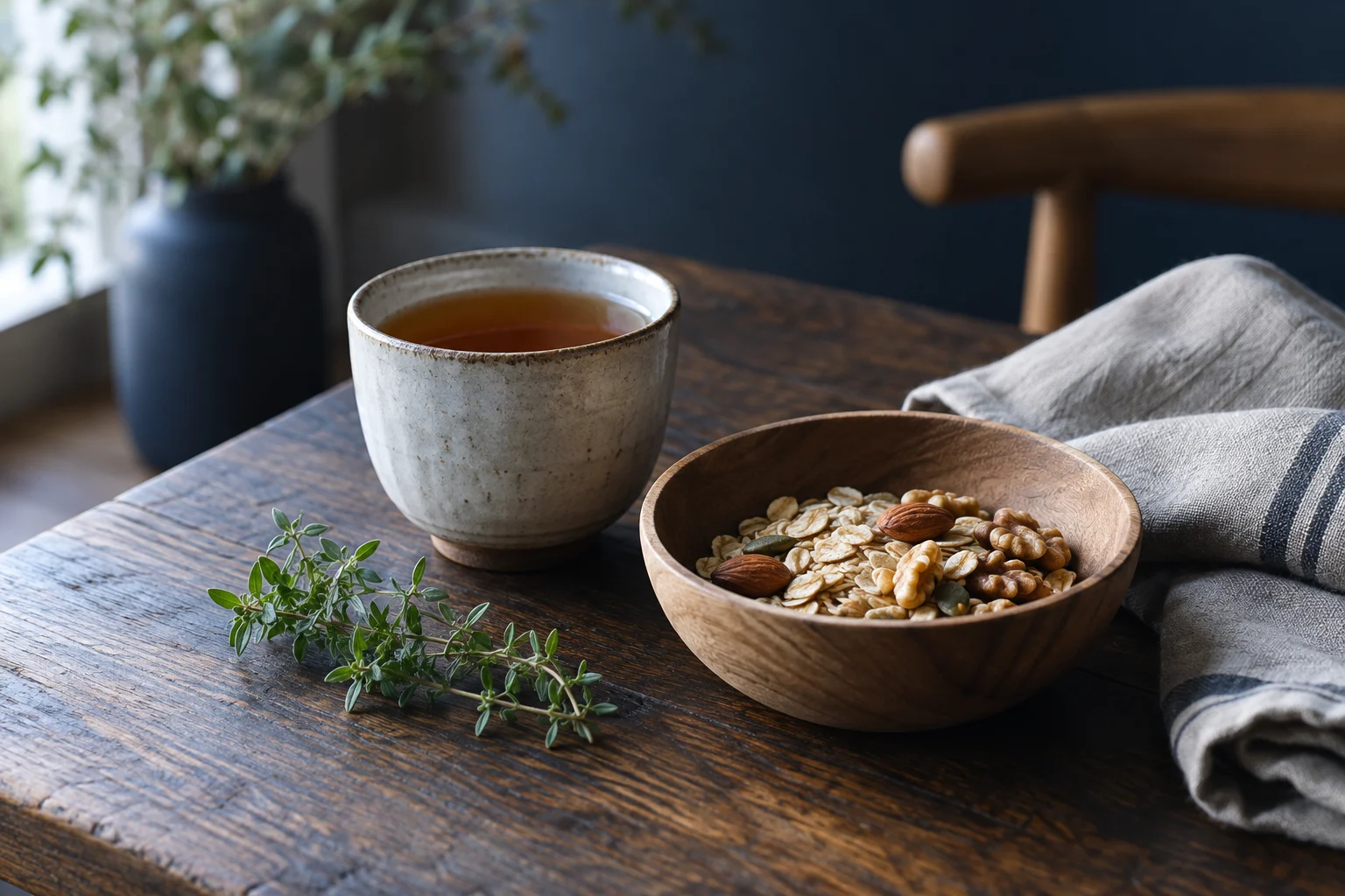 お茶、木の器、リネンのある穏やかな食卓